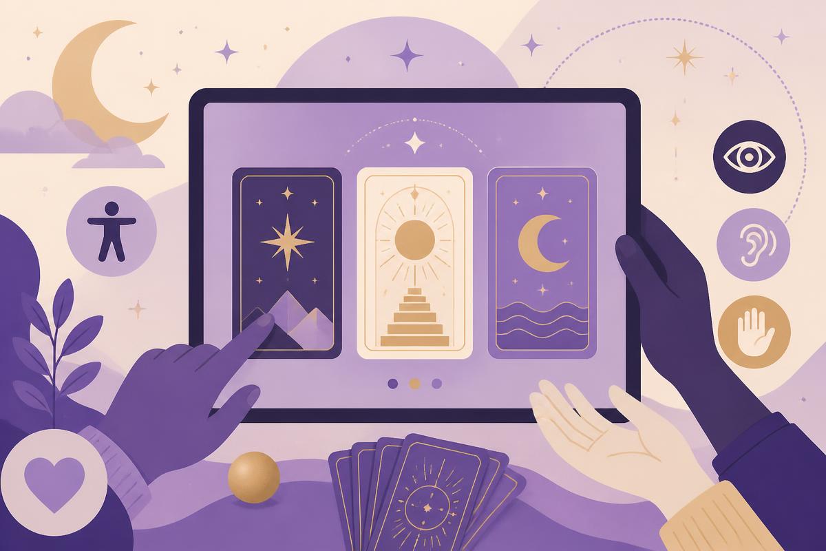Abstract cover illustration of accessible tarot cards, moon and stars