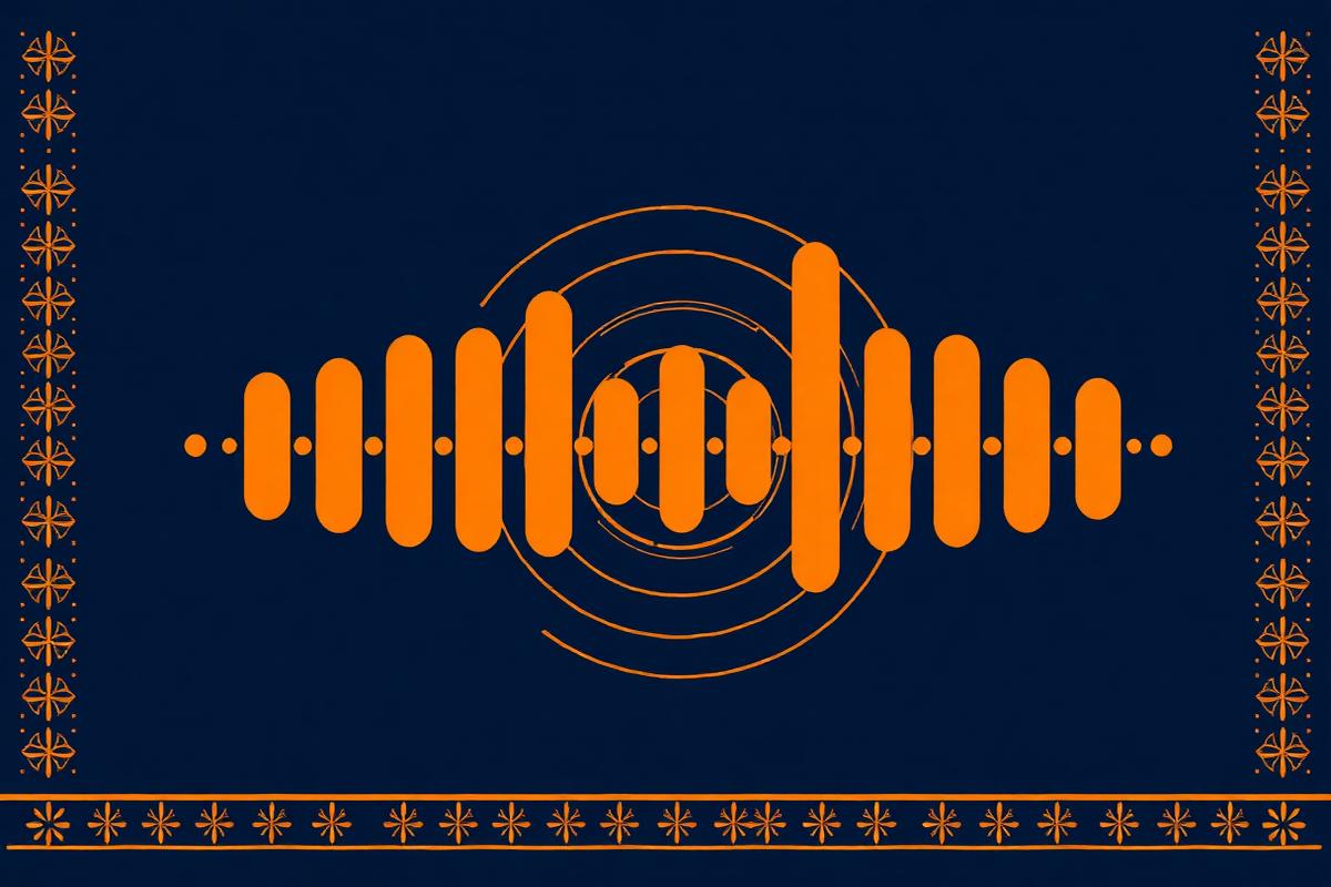 Abstract cover illustration with audio waveform and broadcast rings