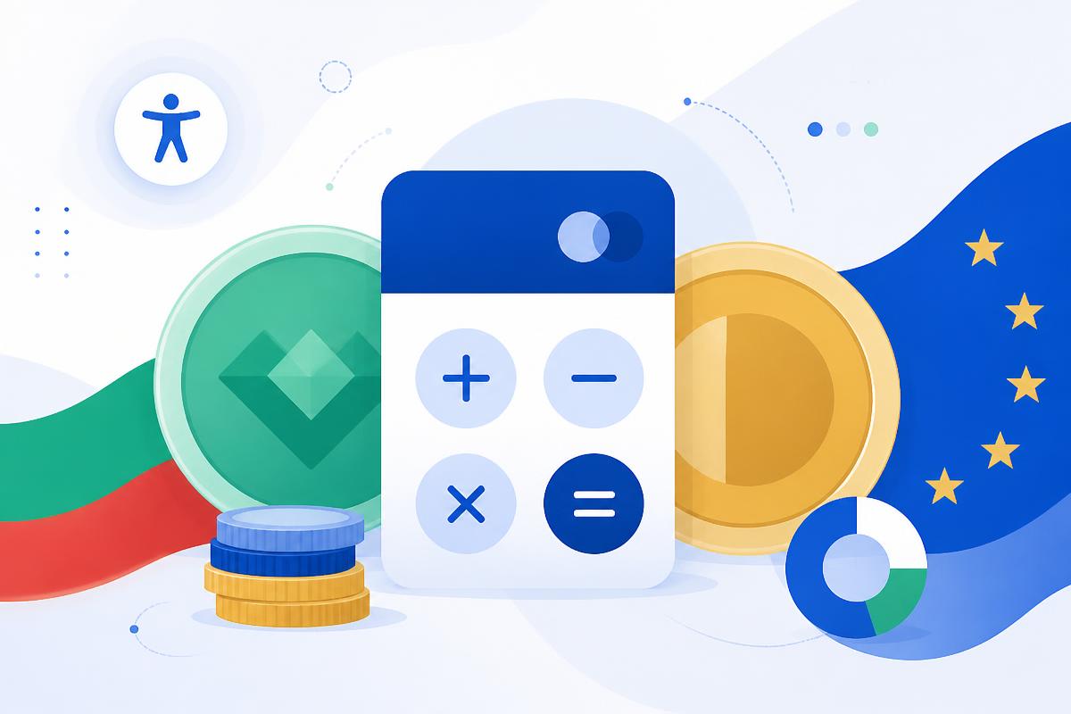 Abstract cover illustration of coins, calculator and currency symbols
