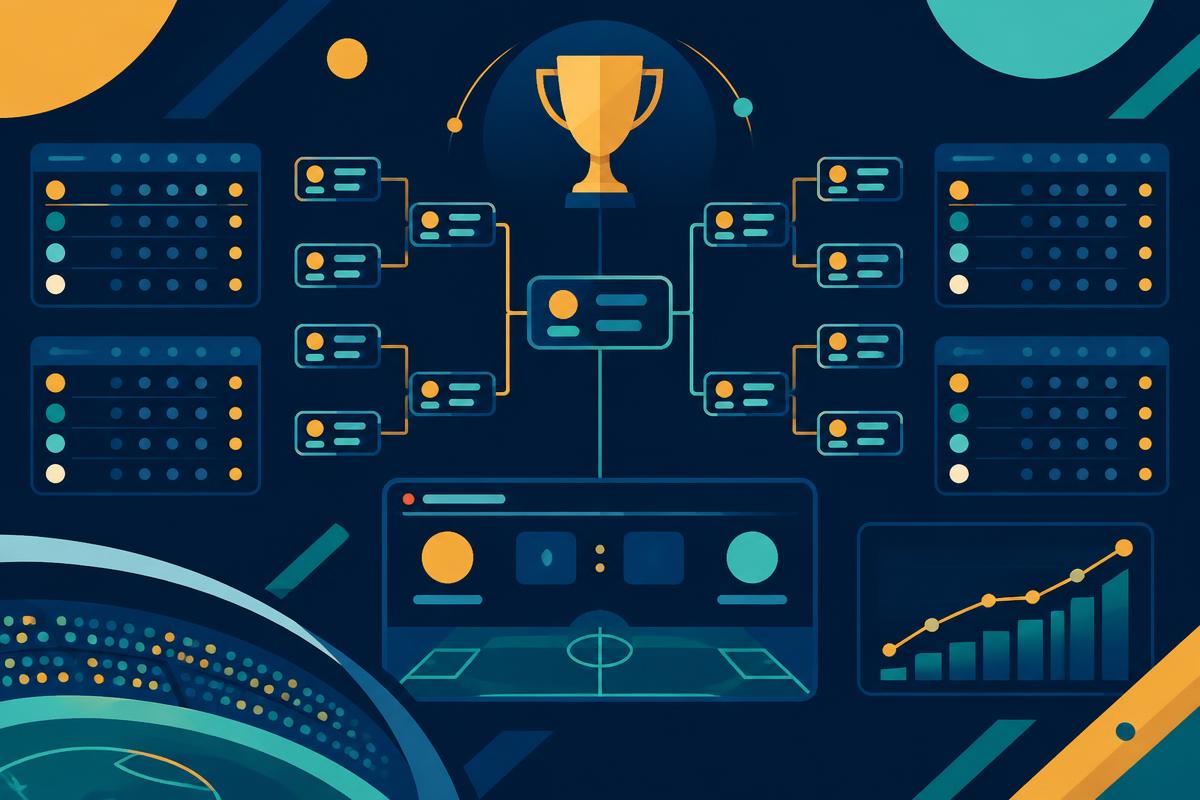 Abstract cover illustration of a live scoreboard and tournament bracket with standings chart