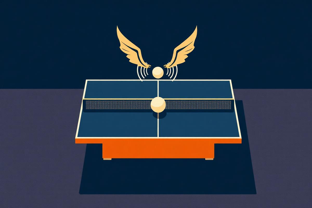 Abstract cover illustration of a showdown table with an audible ball and sound waves