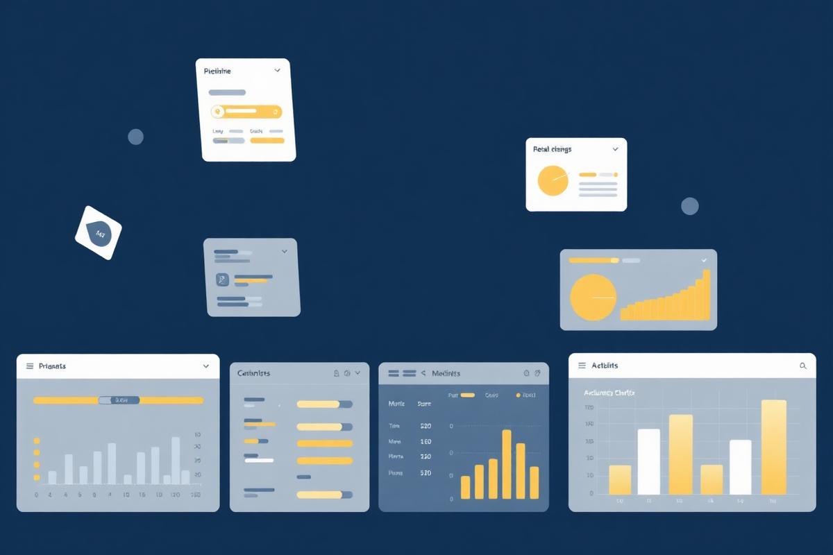 Abstract cover illustration of an internal ERP dashboard with data cards and charts